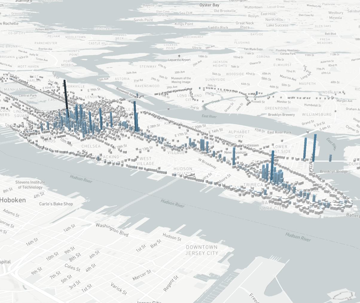 A map of Manhattan New York showing impression spikes along the transit ad campaign route